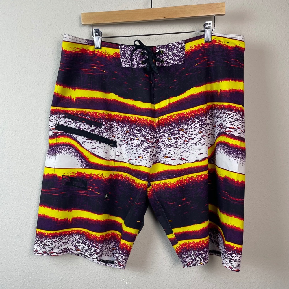 Pelagic 4TEK Board Shorts Mens 36 Purple Yellow‎ Sonar Print Fishing Trunks Surf